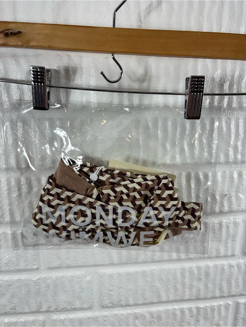 Monday Swimwear Brown White Geo-Print Bikini Bottom with Gold Rings